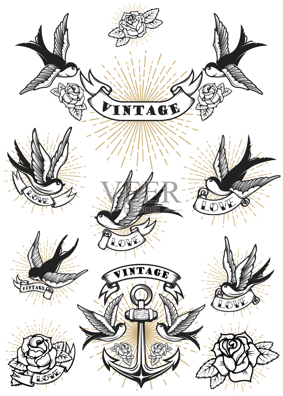 一套燕子纹身。复古锚和玫瑰。商标、会徽、标识的设计元素。矢量图插画图片素材