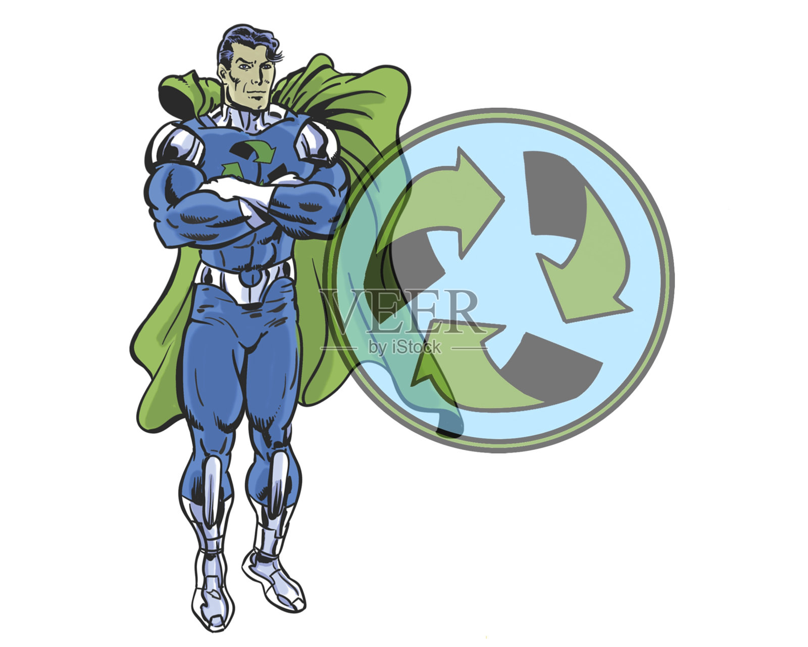 回收漫画书超级英雄的英雄姿态与回收盾牌插画图片素材