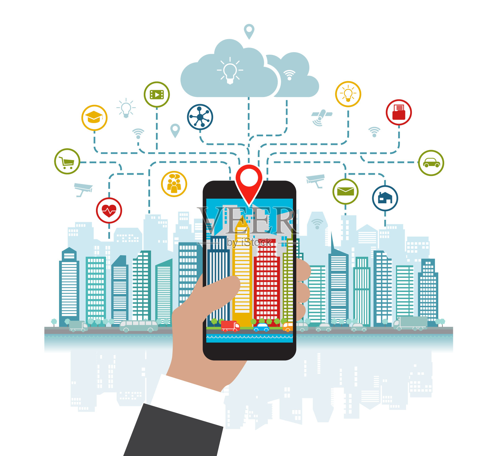 手持智能手机有助于通过先进的智能服务、增强现实、社交网络和城市定位聚焦于智慧城市插画图片素材