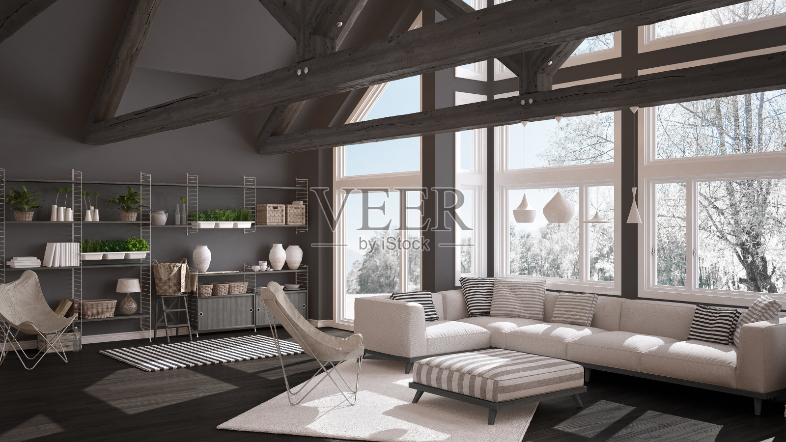 豪华生态住宅的客厅，拼花地板和木质屋顶桁架，冬季草地的全景窗户，现代的白色和灰色的室内设计照片摄影图片