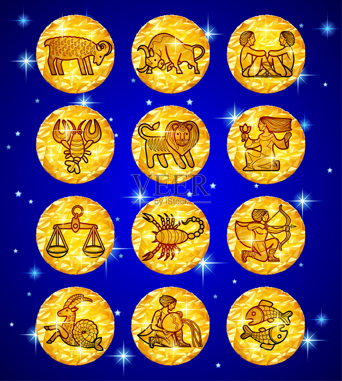 在蓝色星空背景上设置十二生肖符号的金箔圈设计元素图片