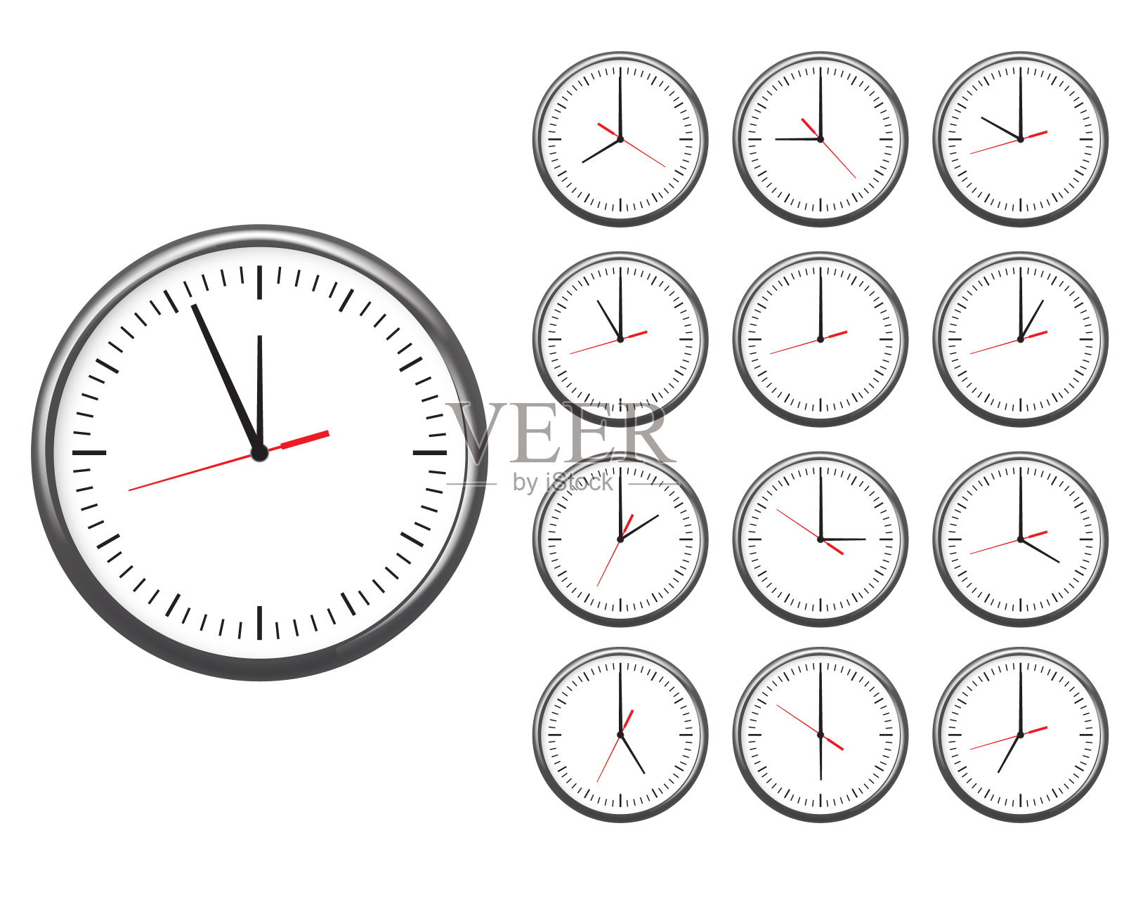 墙上办公室时钟图标设置。显示每一个小时。插画图片素材