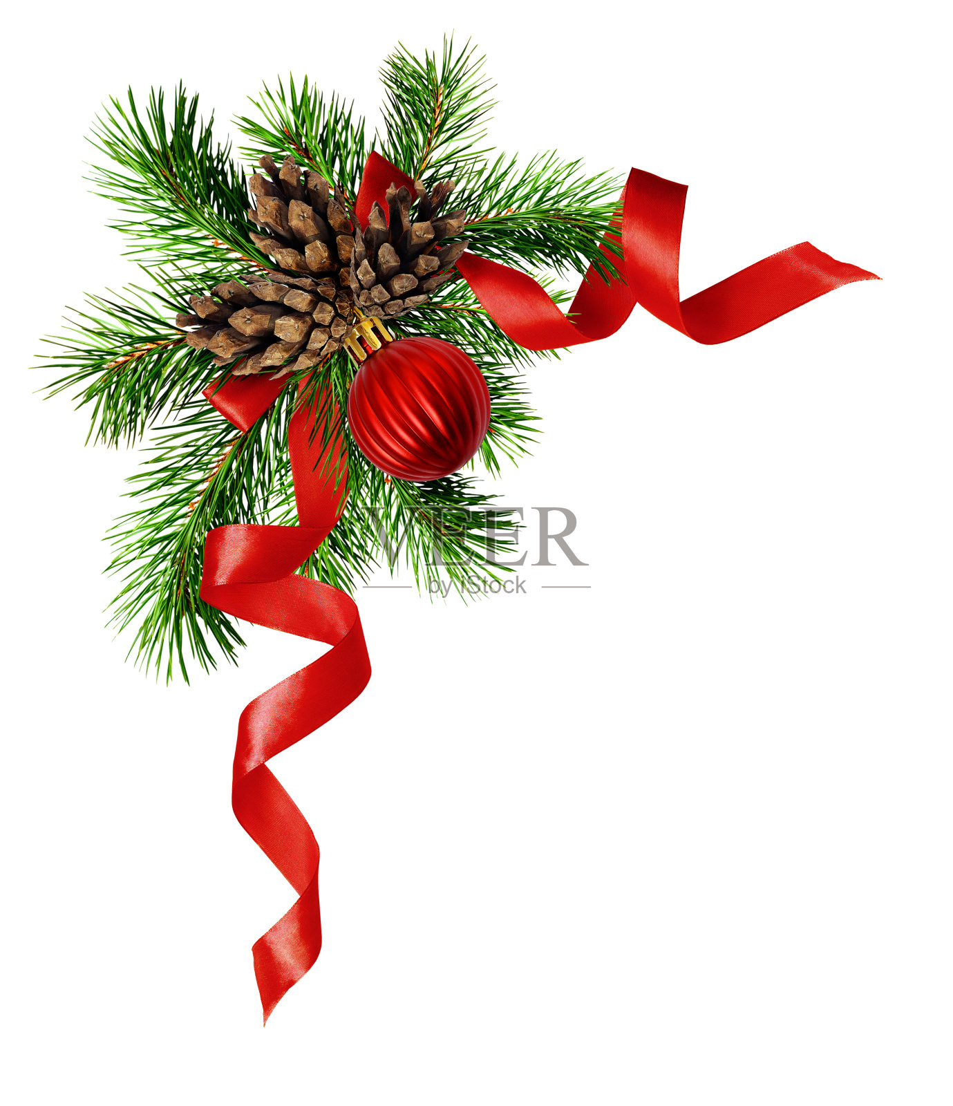 圣诞装饰用松枝、松果、圆球和红色丝带蝴蝶结照片摄影图片