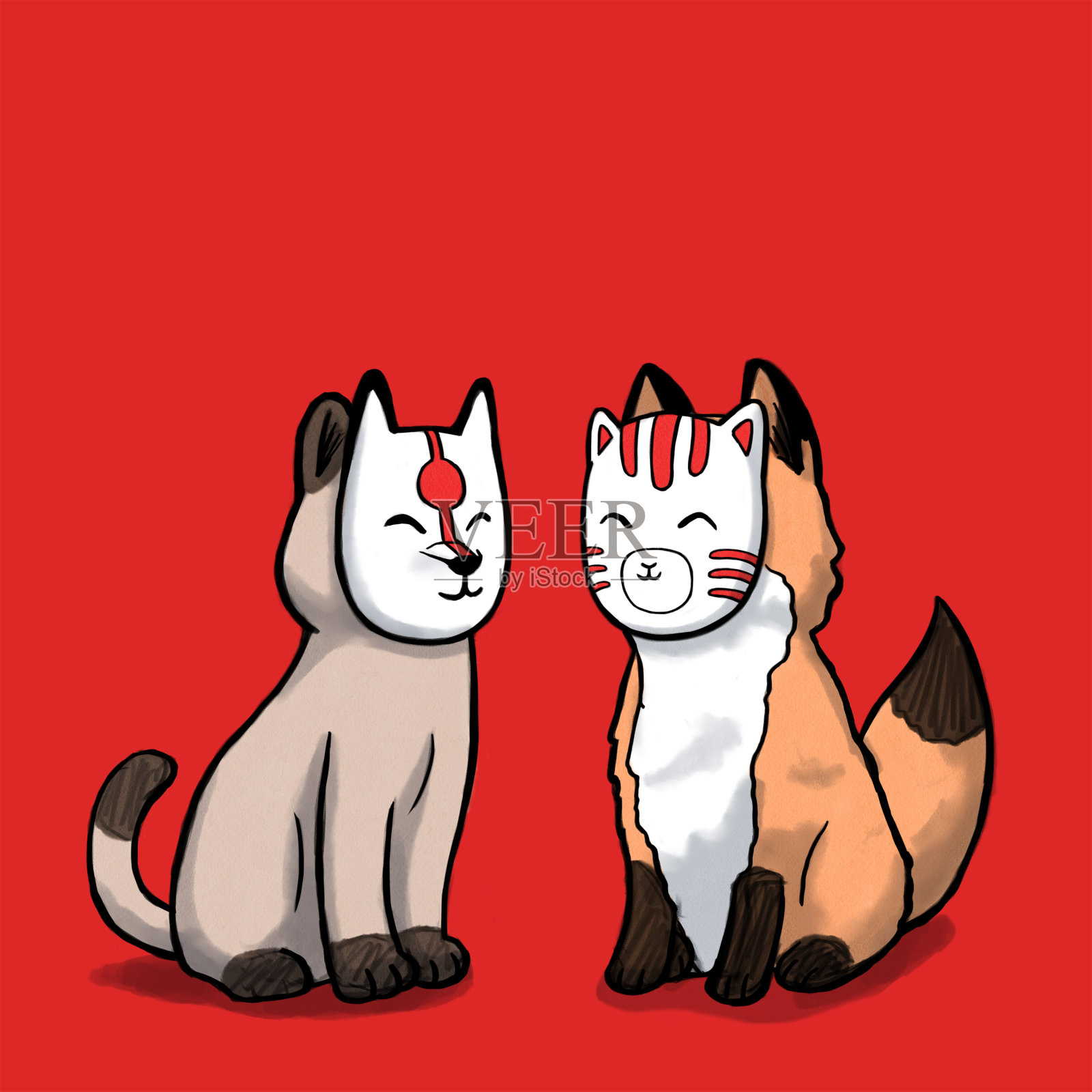 猫和狐狸戴着日本面具设计元素图片