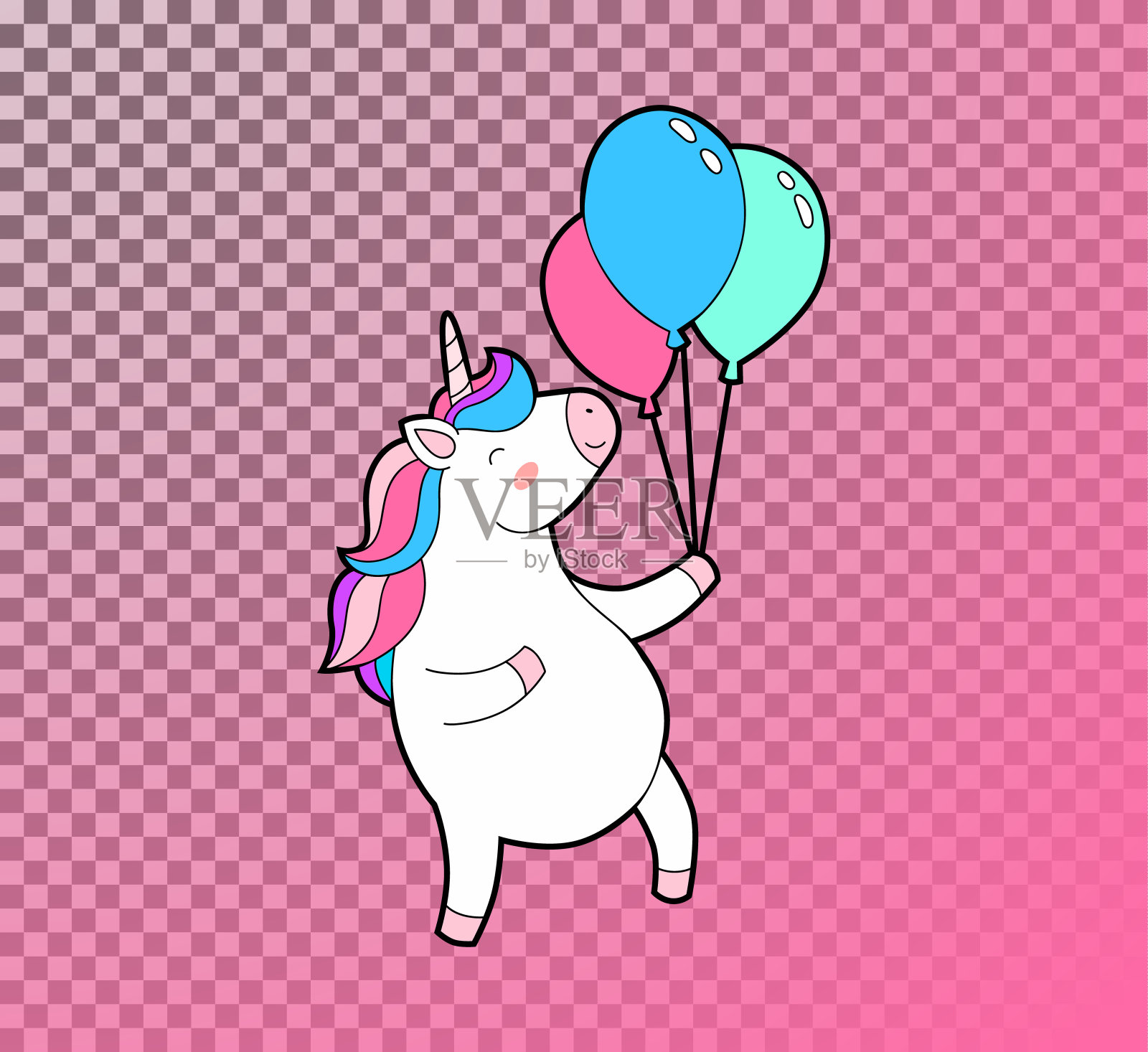 可爱的胖独角兽手里拿着气球跳。独角兽与彩虹头发隔离矢量图标。插画图片素材