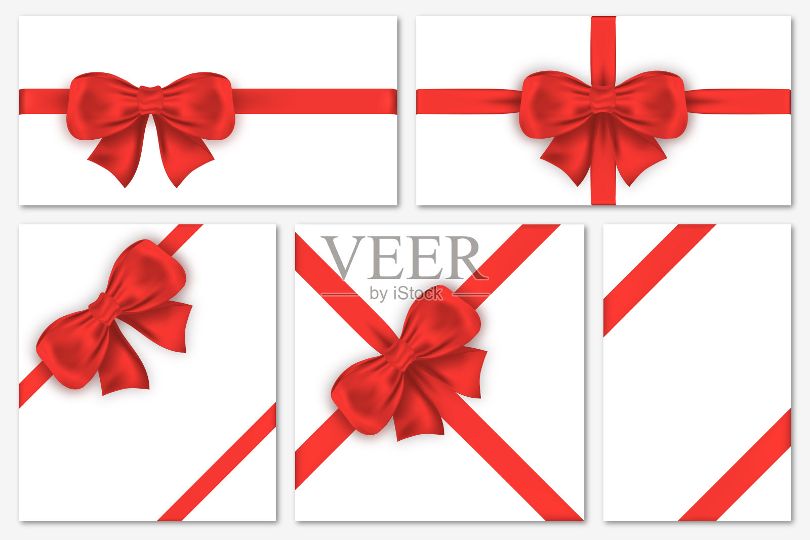 一套豪华的红色蝴蝶结礼品卡。装饰礼物蝴蝶结缎带包装，框架，横幅，邀请设计元素图片