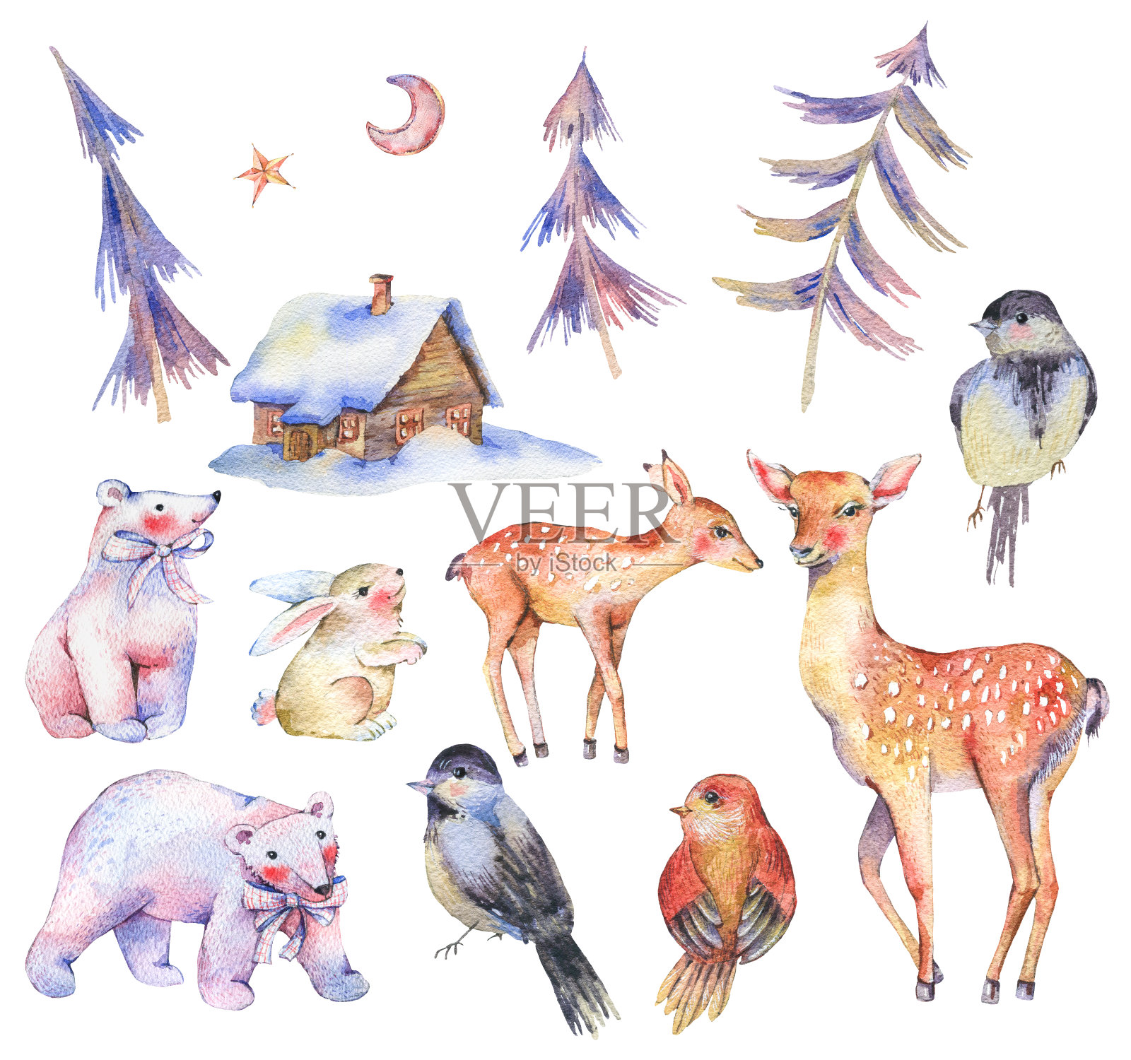 水彩画可爱的北极熊，鹿，小鹿，野兔插画图片素材