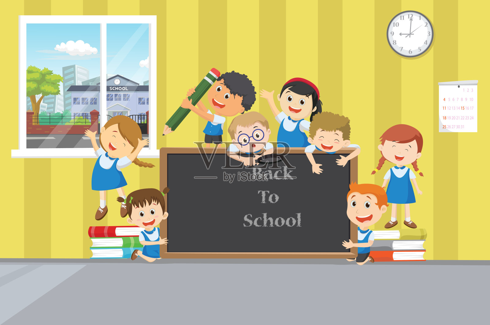 一群快乐的孩子在教室用黑板。返校理念插画图片素材
