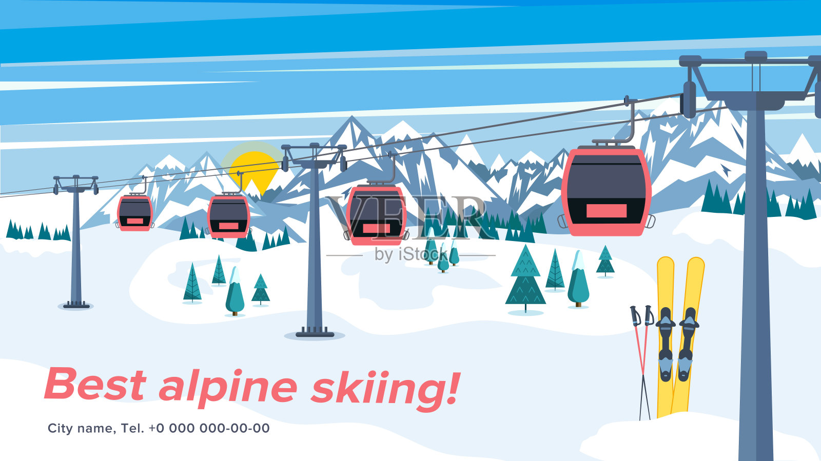 色彩缤纷的高山滑雪胜地背景插图。冬季高山景观中带有升降机或吊篮的明亮布局。插画图片素材