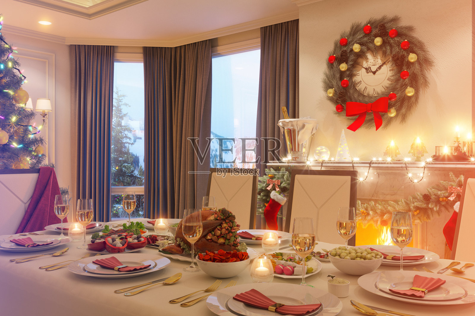 圣诞家庭餐桌的3d插图。一个图像的照片摄影图片