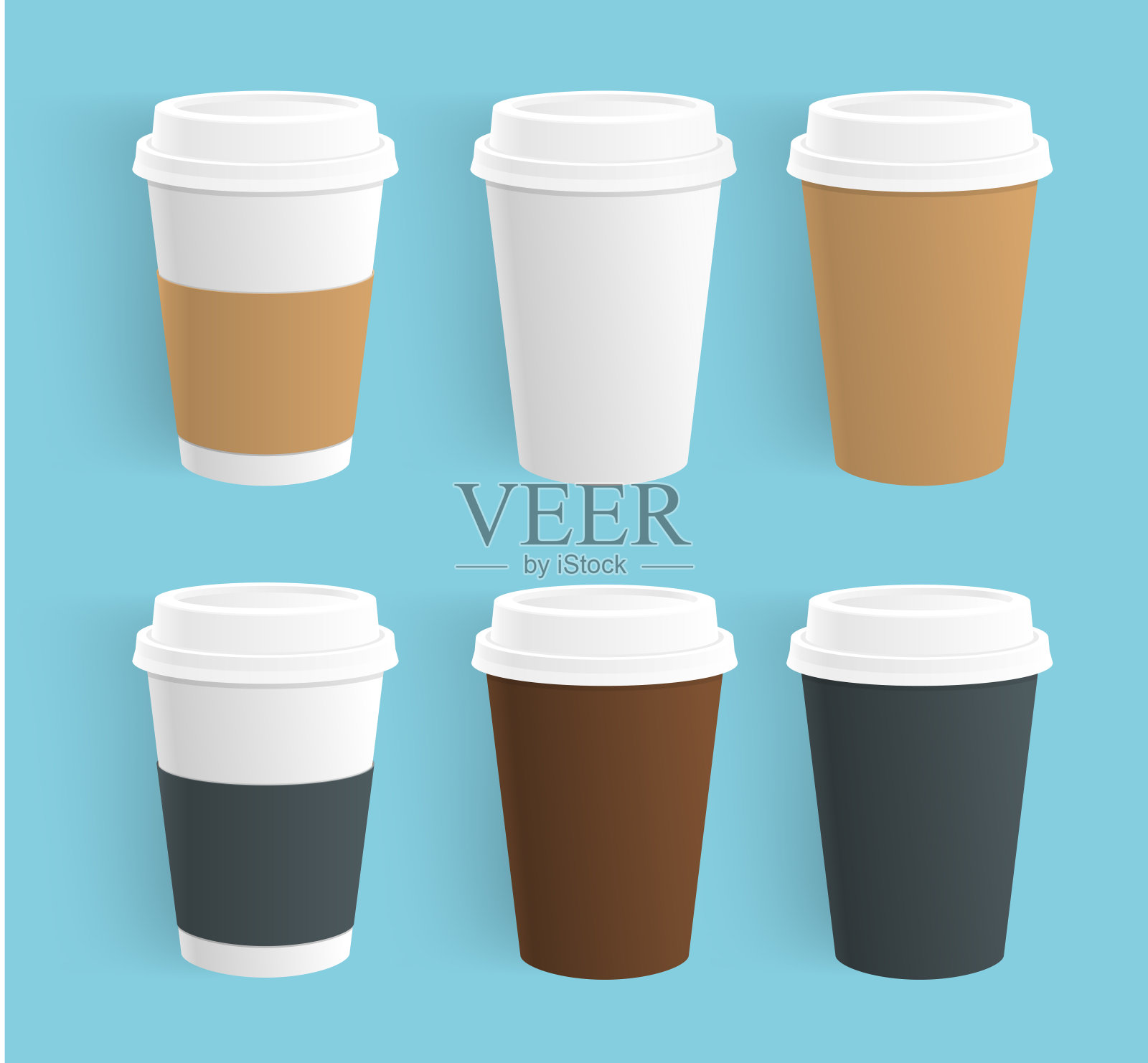 一次性咖啡杯向量集。现实的不同颜色的纸咖啡杯孤立。设计元素图片