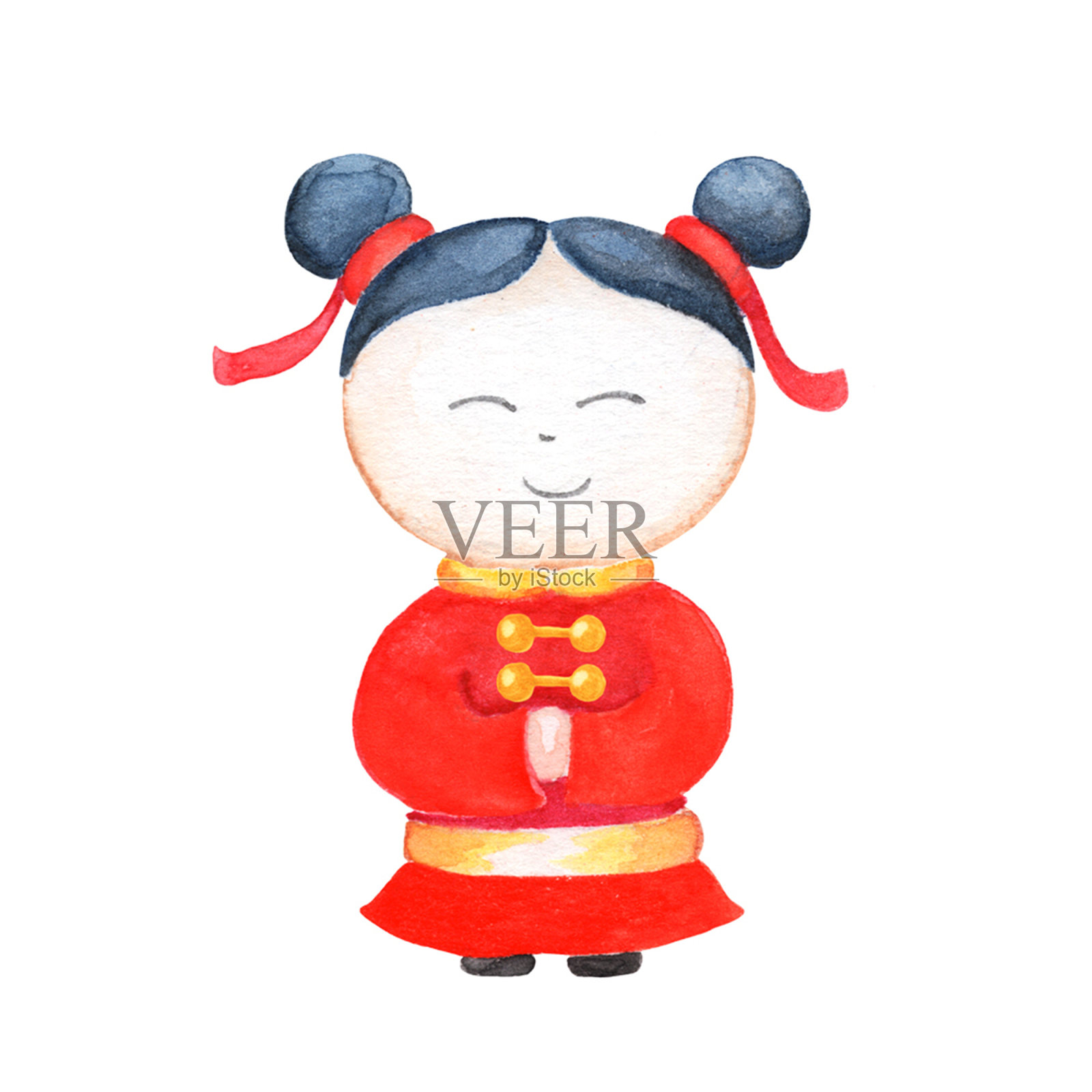 穿着传统红色服装的中国女孩。中国儿童水彩插画在白色的背景。插画图片素材