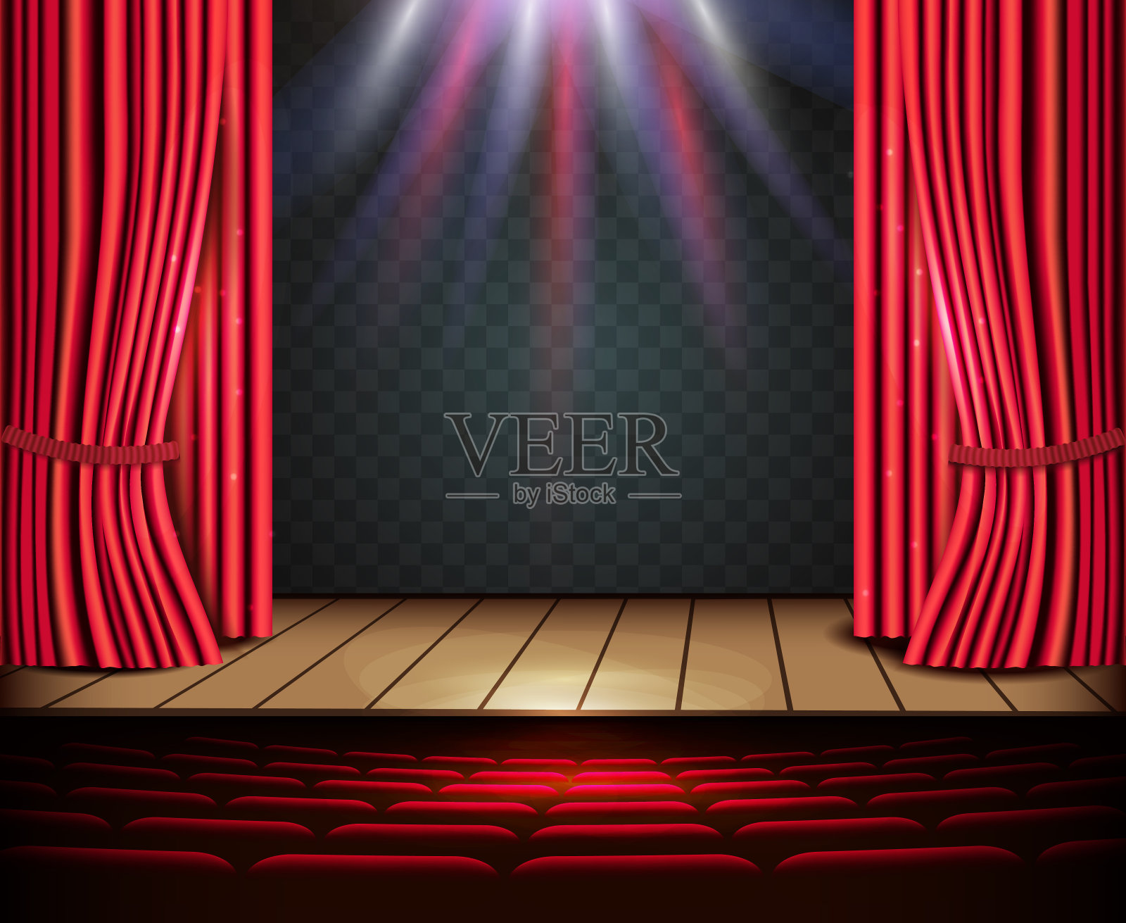 一个带有红色窗帘、聚光灯和座位的剧场舞台，带有透明背景的空礼堂。插画图片素材