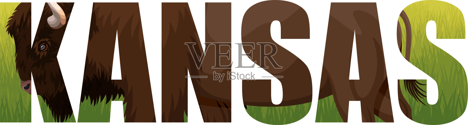 向量堪萨斯州-美国州词与野牛野牛和草原插画图片素材