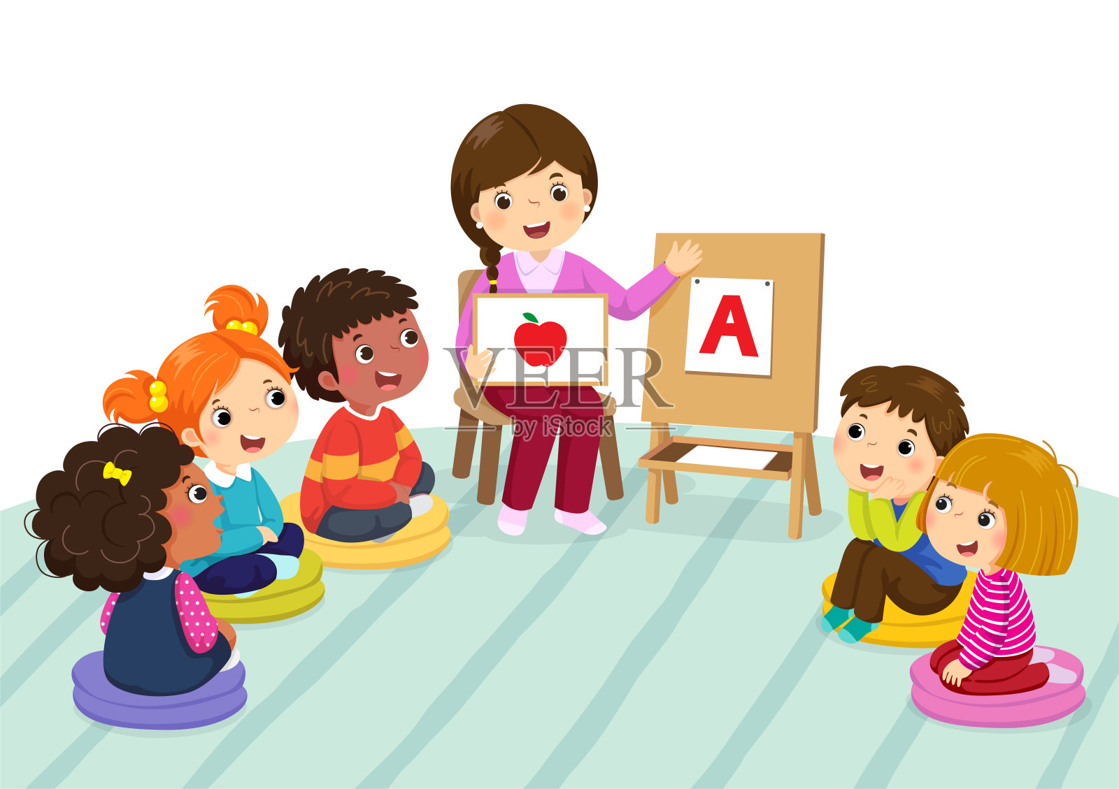 一群学龄前的孩子和老师坐在地板上。老师向孩子们解释字母插画图片素材