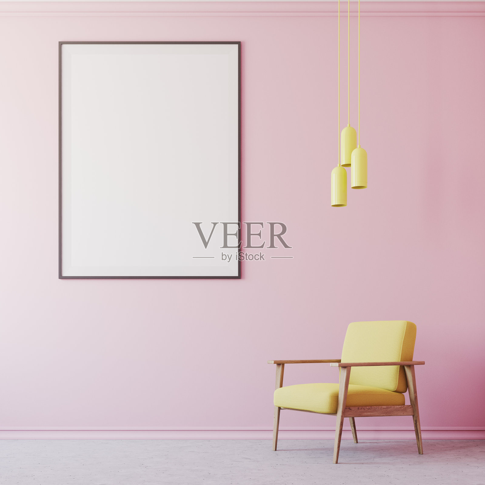 粉红色的客厅内饰，海报和扶手椅照片摄影图片