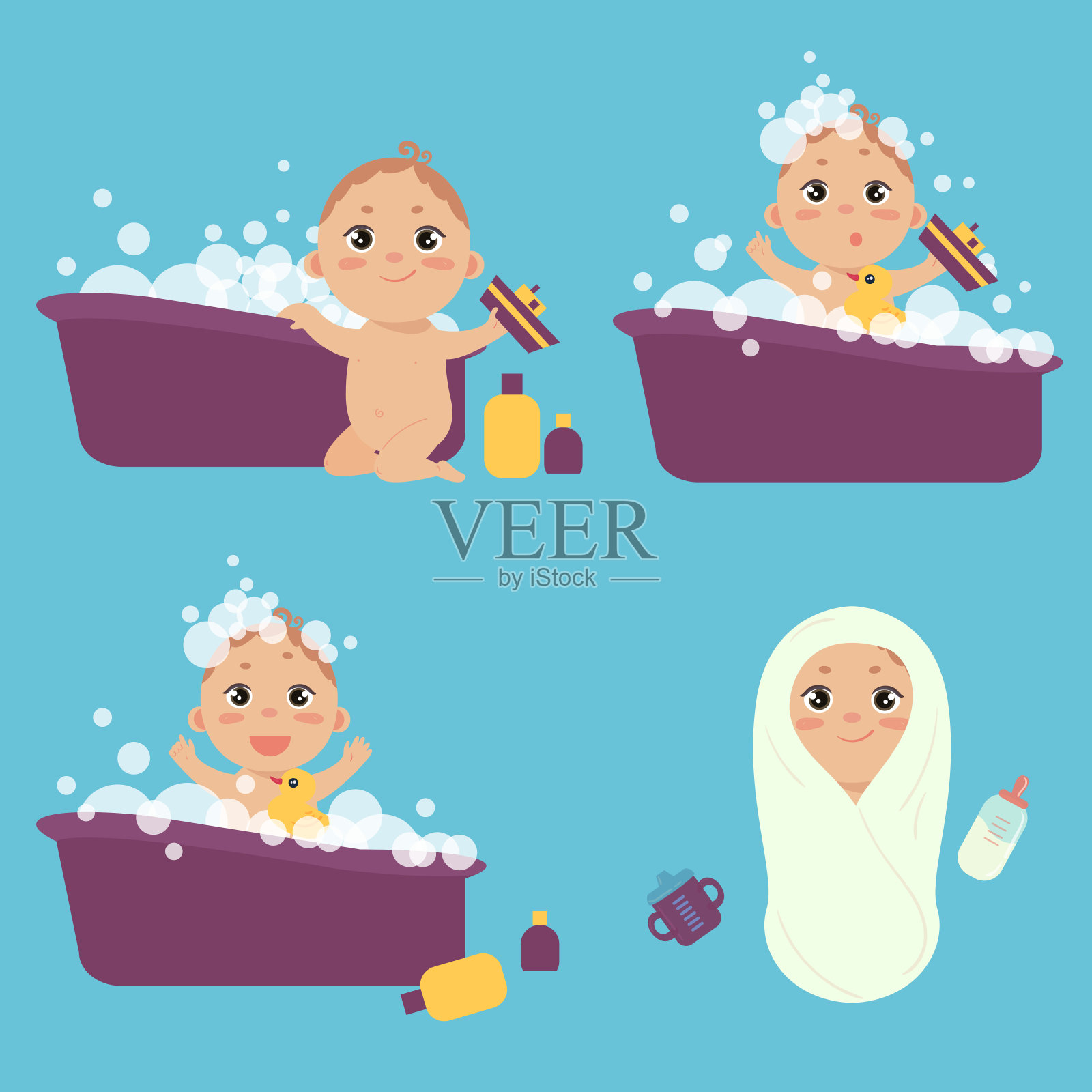 一个男婴和一只鸭子在浴缸里洗澡插画图片素材