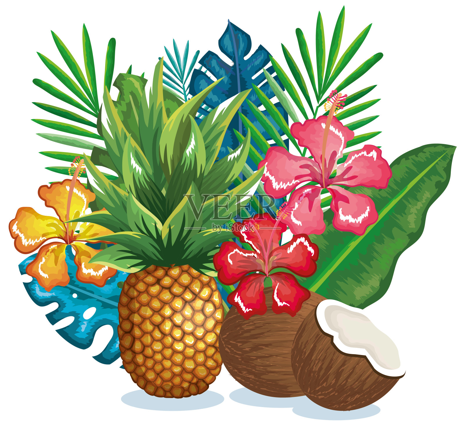 有菠萝和椰子的热带花园插画图片素材
