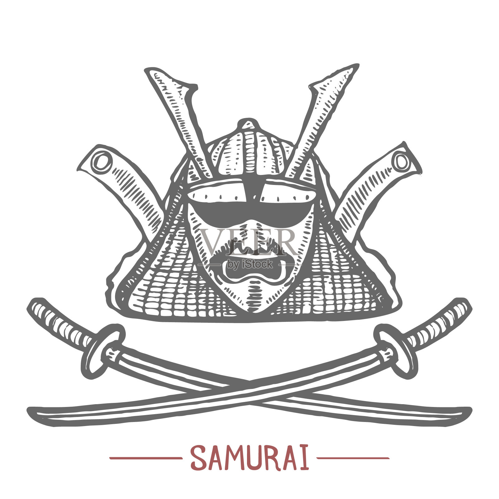 武士面具和剑的手画风格插画图片素材