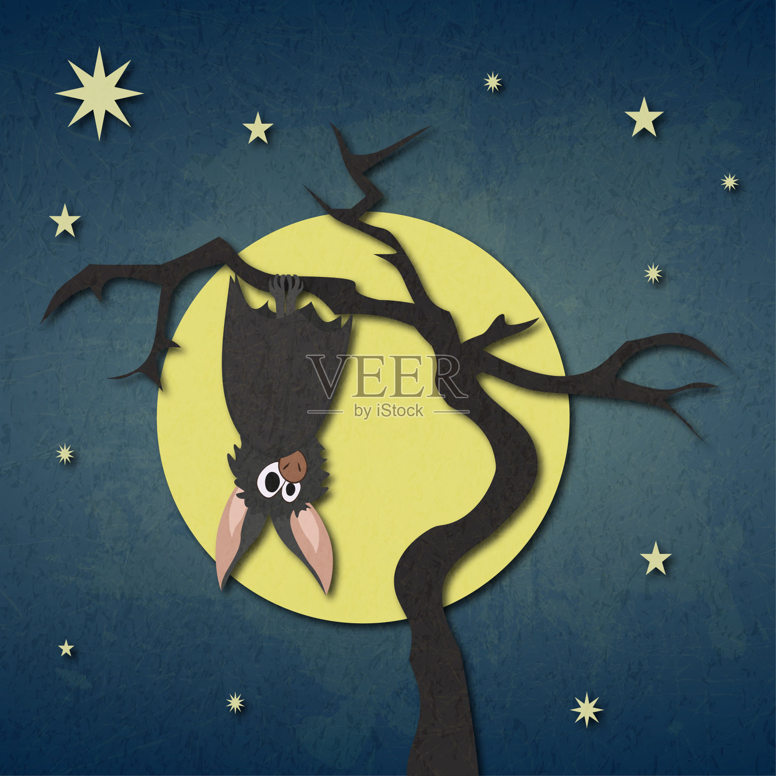 蝙蝠挂在干燥的树上，背景是满月和星空。插画图片素材