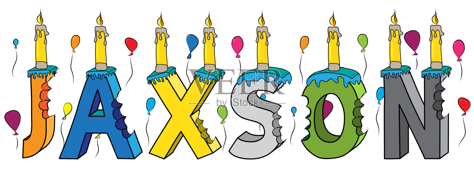 杰克森男名咬彩色3d字母生日蛋糕蜡烛和气球插画图片素材
