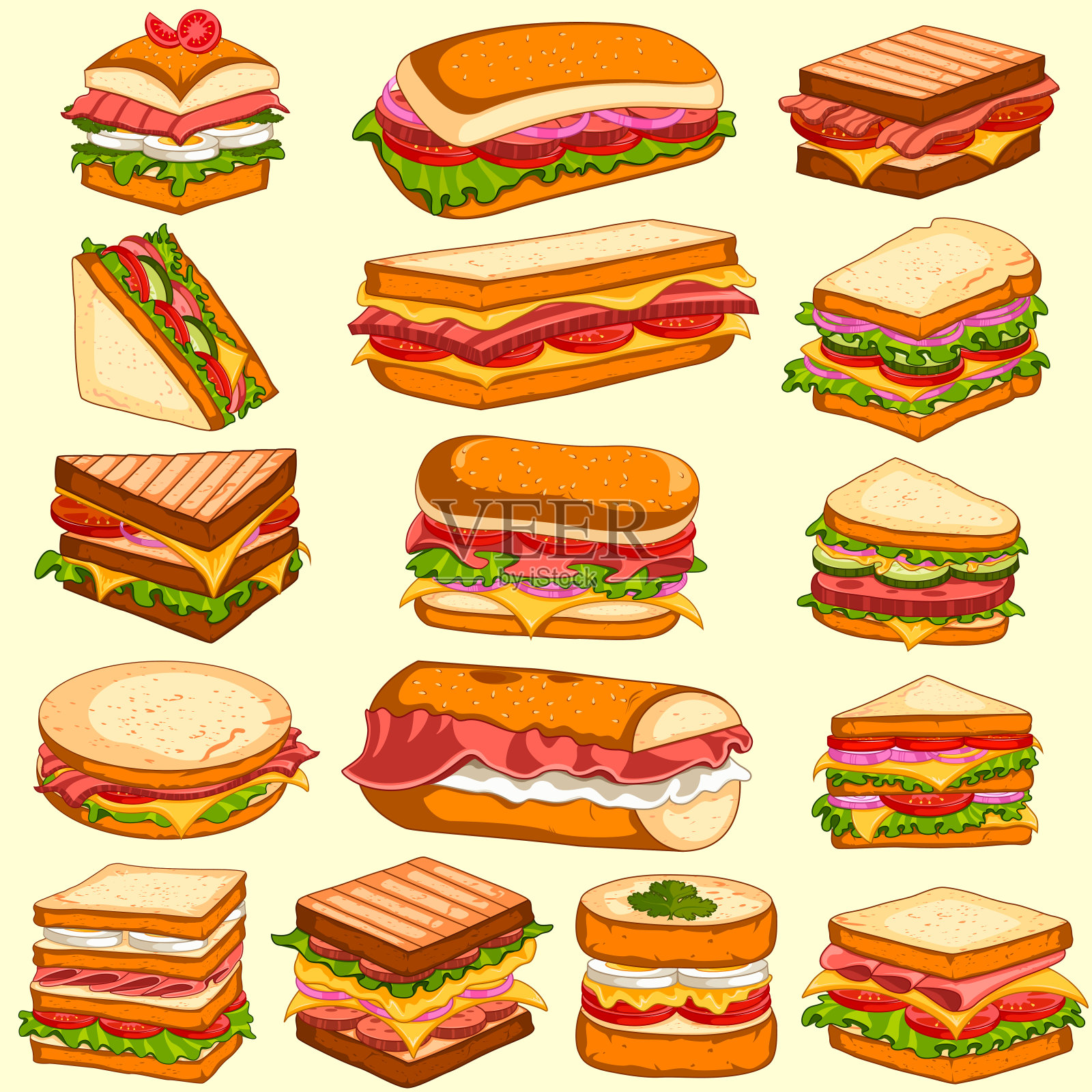 各种新鲜美味的三明治和汉堡插画图片素材