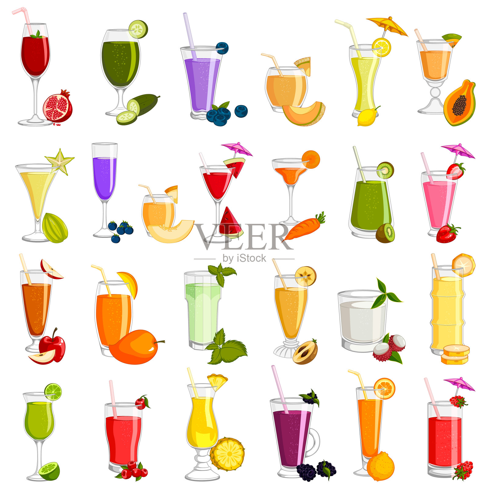 不同品种的鲜榨果汁饮料插画图片素材