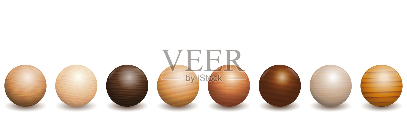木制球。不同种类的木材类型- 8种抛光，涂漆纹理样品-棕色，深色，灰色，浅色，红色或黄色装饰模型的光影反射。插画图片素材