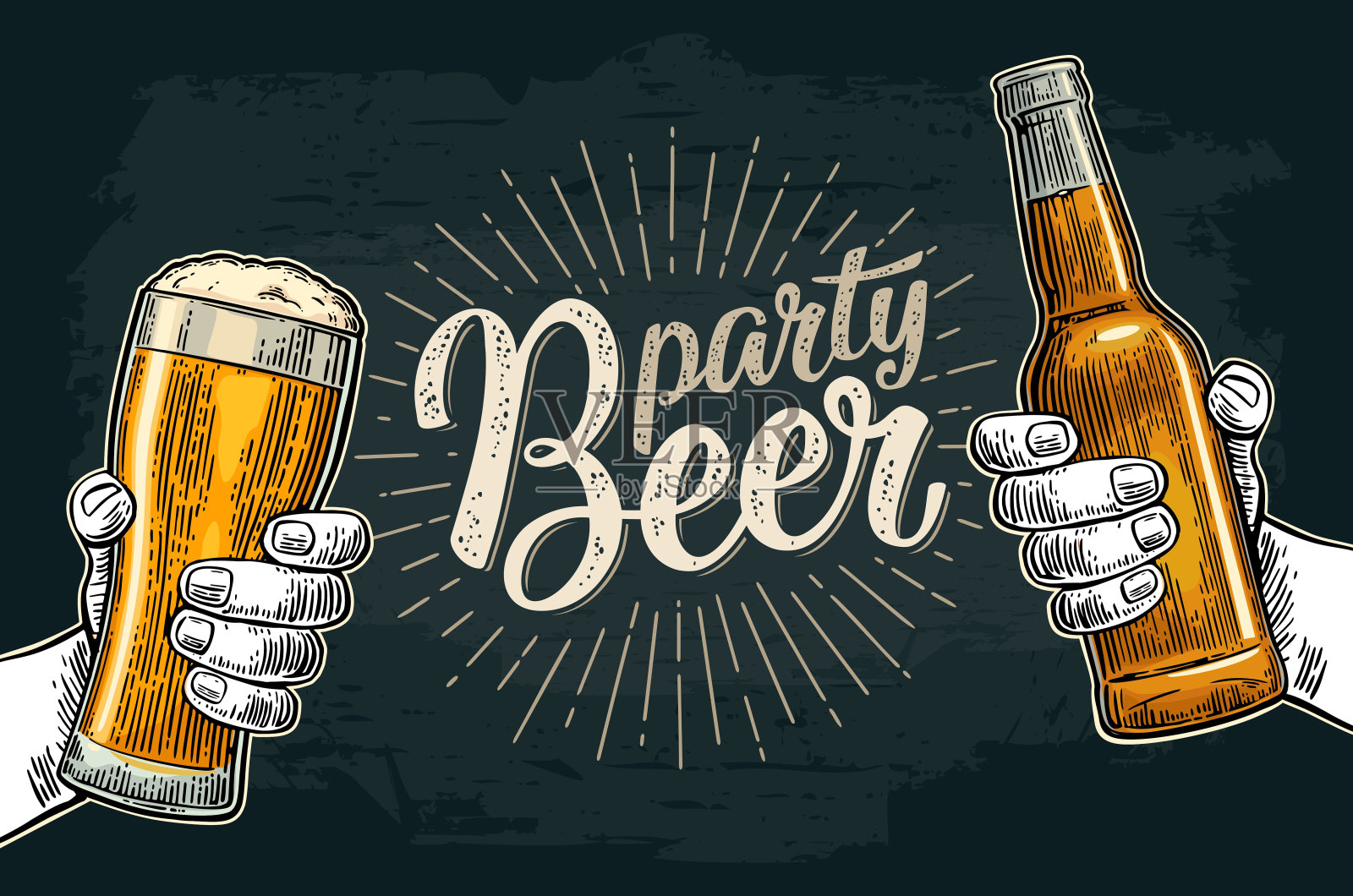 两只手握着啤酒杯和啤酒瓶，相互碰杯插画图片素材