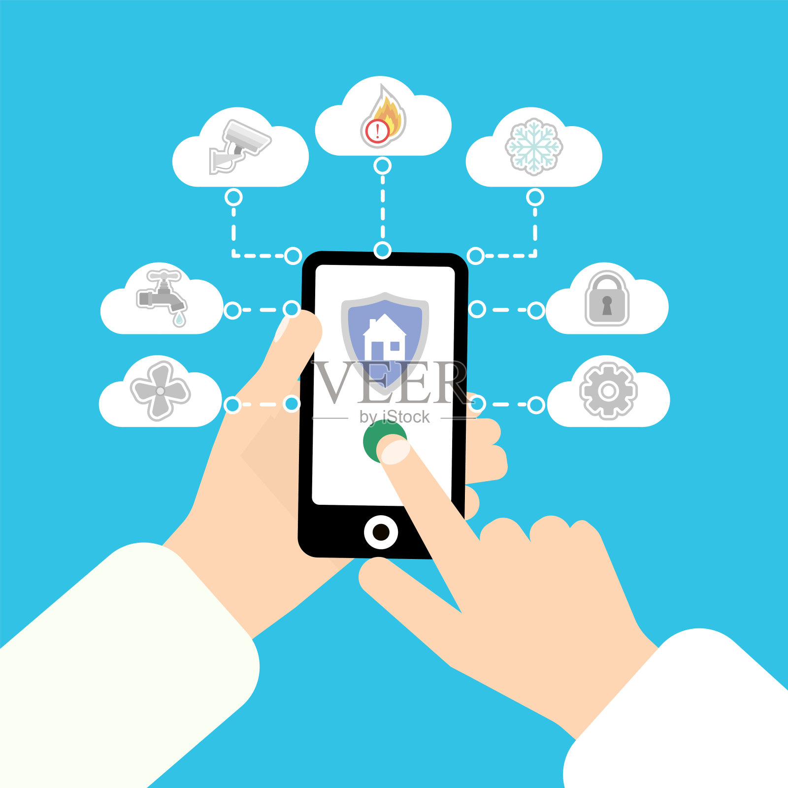 矢量智能家居在你的手机。插图上的蓝色背景。云中的图标插画图片素材