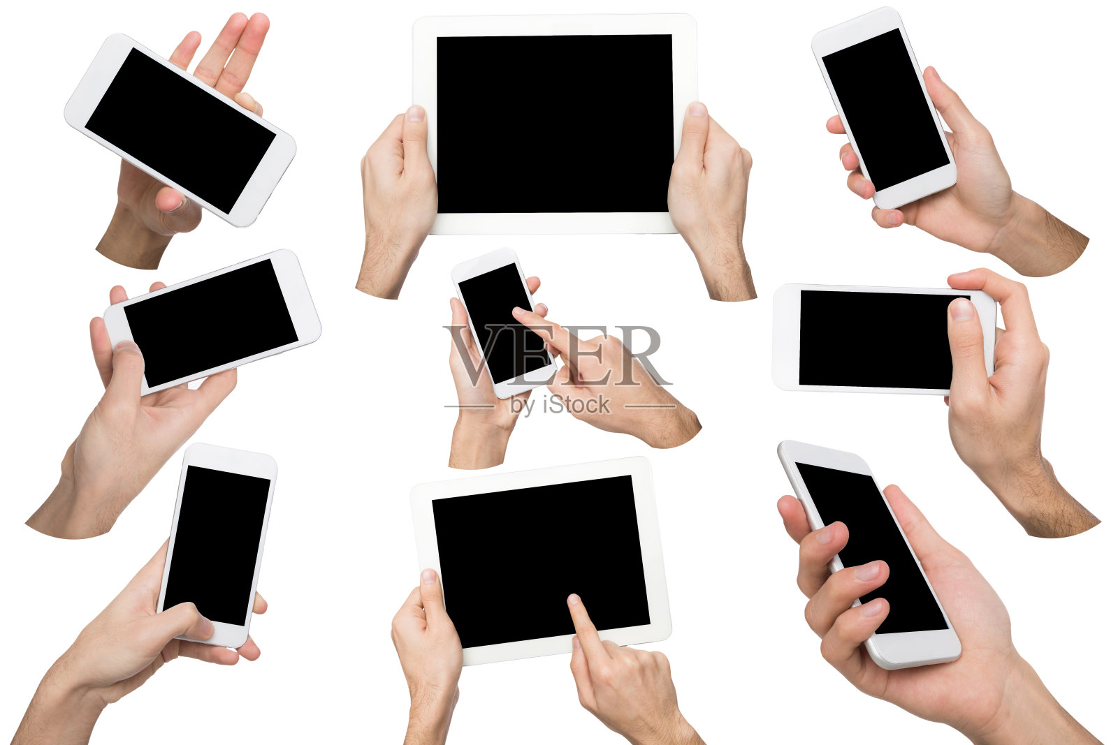 男性双手指向，手持智能手机和平板电脑照片摄影图片