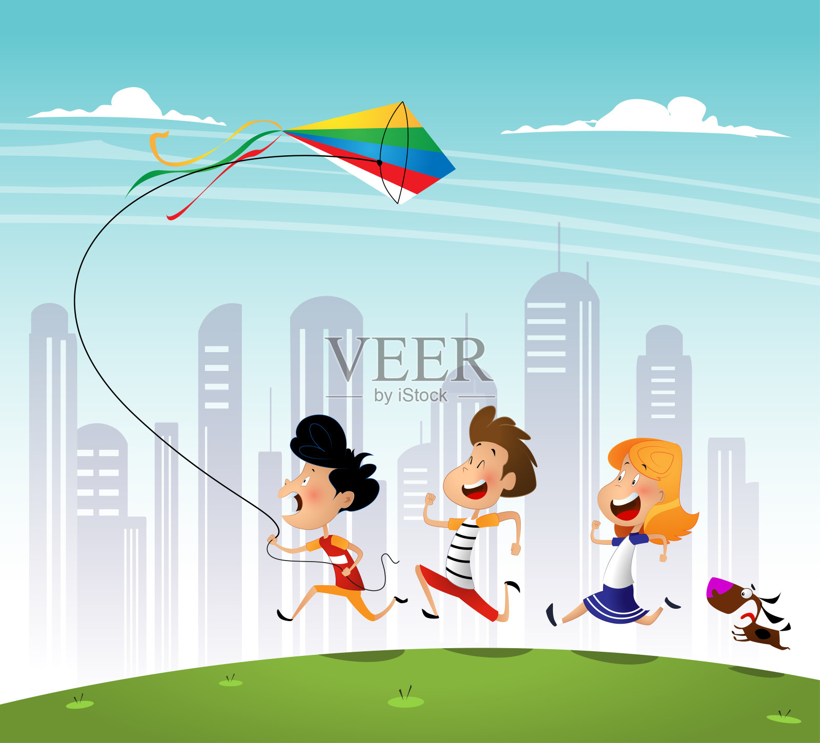 三个孩子一起在公园里放风筝插画图片素材