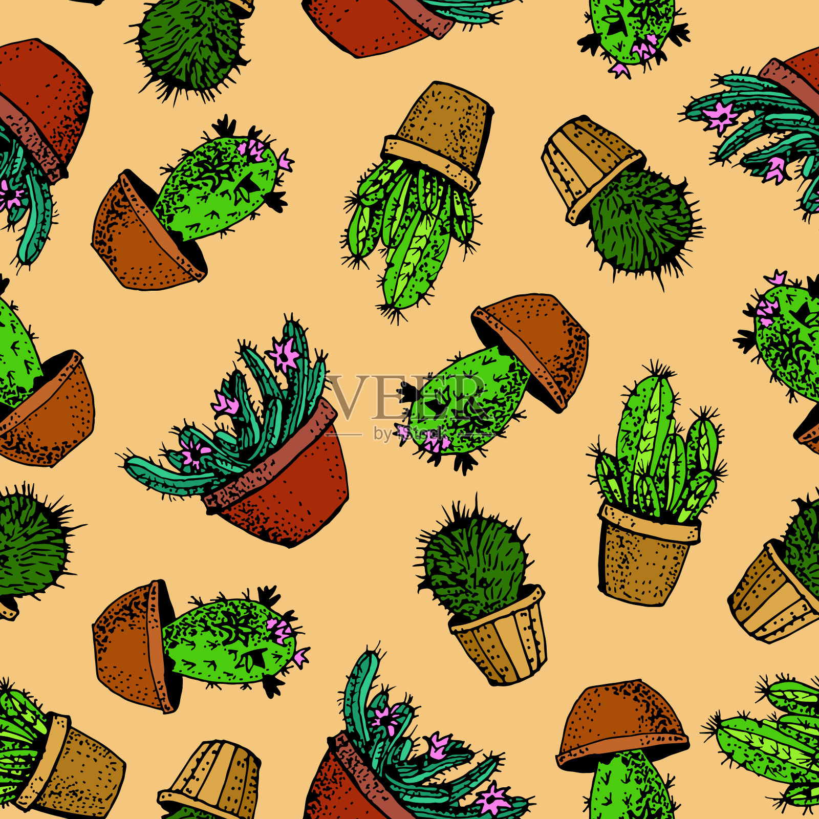 天然无缝图案与手绘绿色仙人掌。盛开的墨西哥沙漠植物。插画图片素材