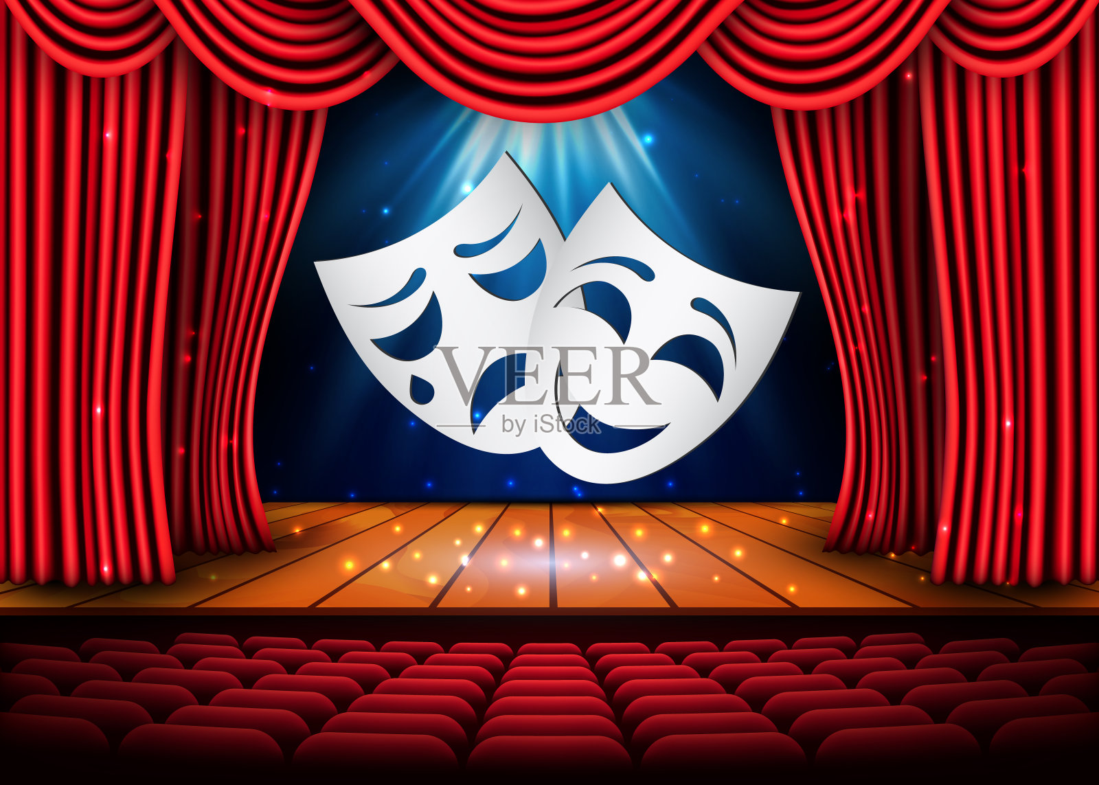 快乐和悲伤的剧场面具，红窗帘的剧场场景。股票矢量图插画图片素材