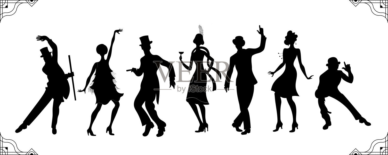 查尔斯顿聚会。盖茨比的风格。一组复古的女人和男人黑色剪影跳舞查尔斯顿。复古风格。复古的轮廓舞者。1920党矢量背景。摇摆舞的女孩。插画图片素材