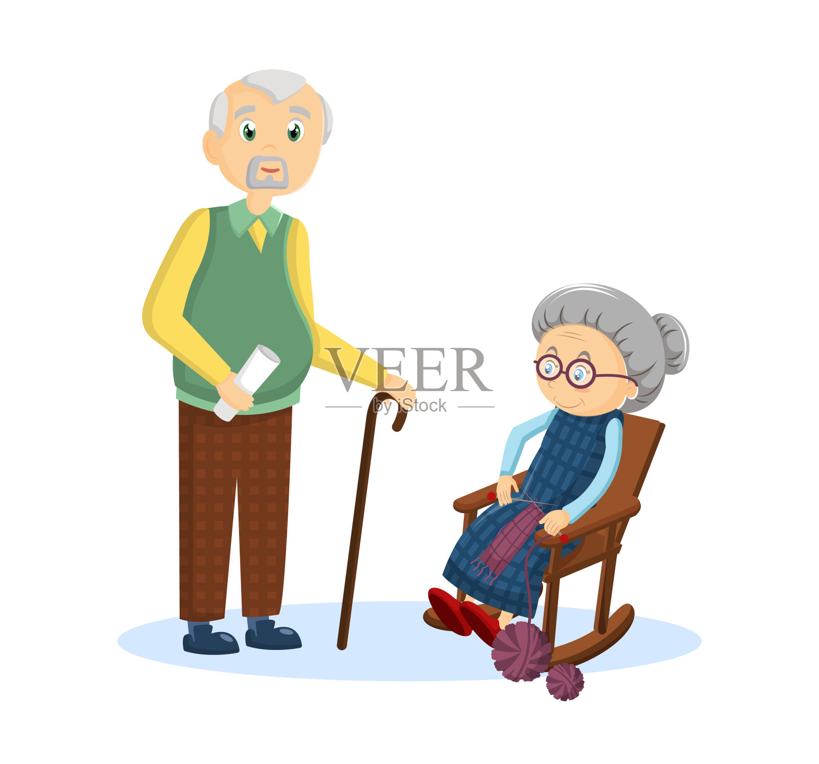一对老夫妻。白发苍苍的老祖母和祖父插画图片素材