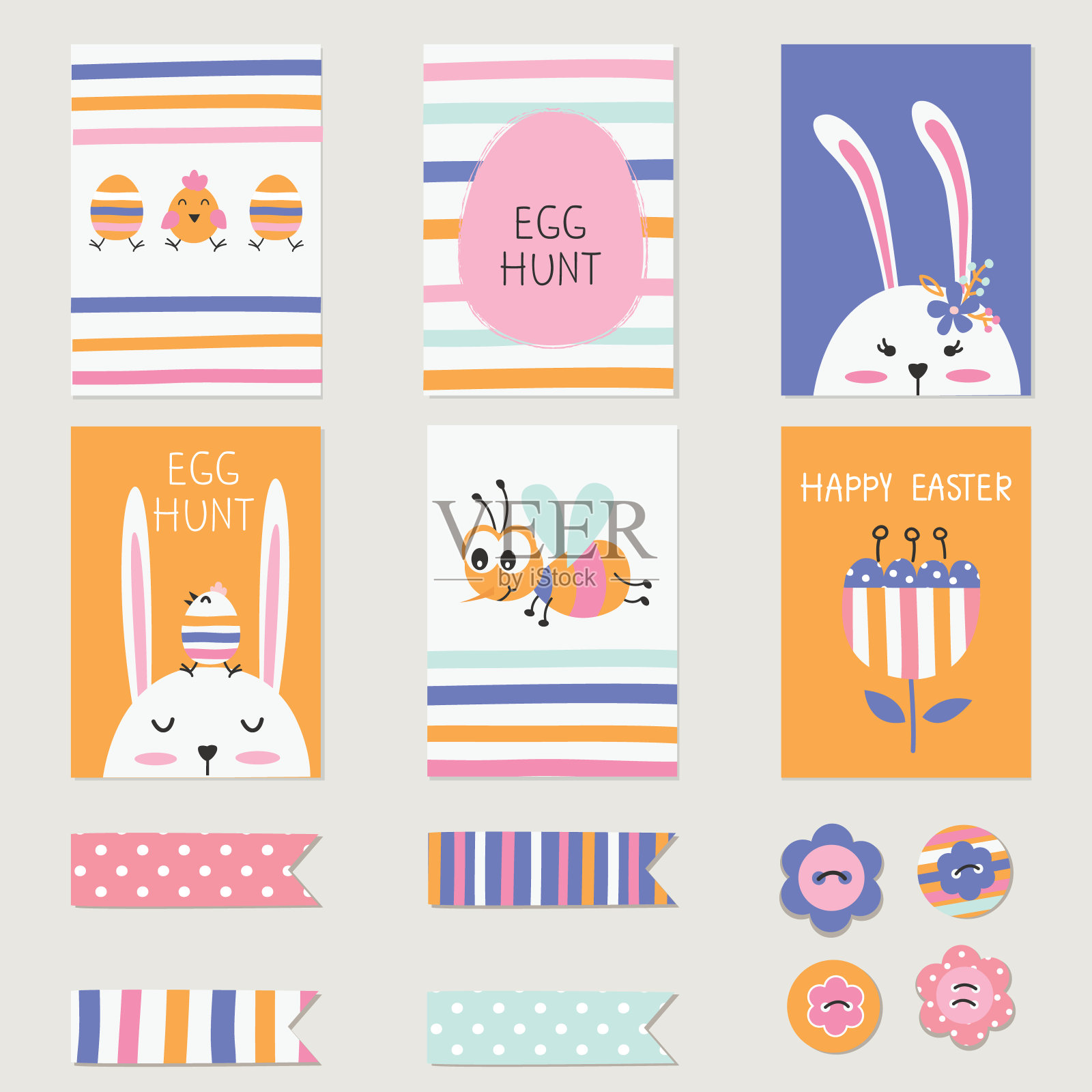 复活节贺卡，可爱的兔子，鸡蛋，鲜花设计元素图片