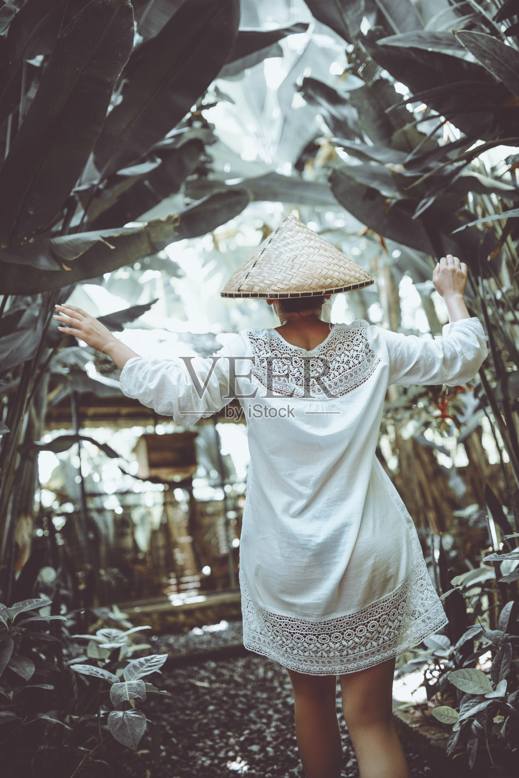 戴着传统草帽的亚洲女性在竹林中行走照片摄影图片