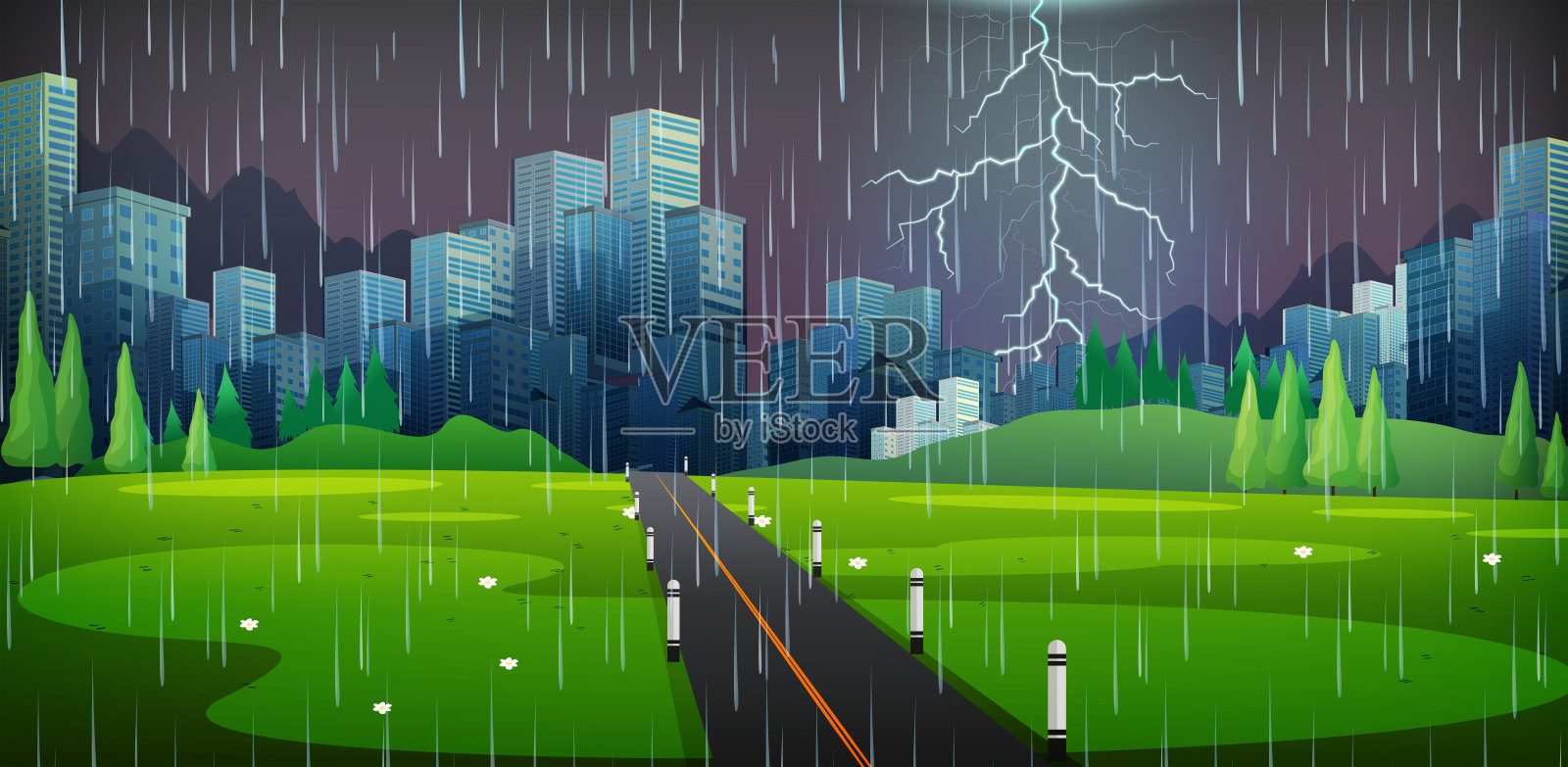 雷雨之夜的城市景象插画图片素材