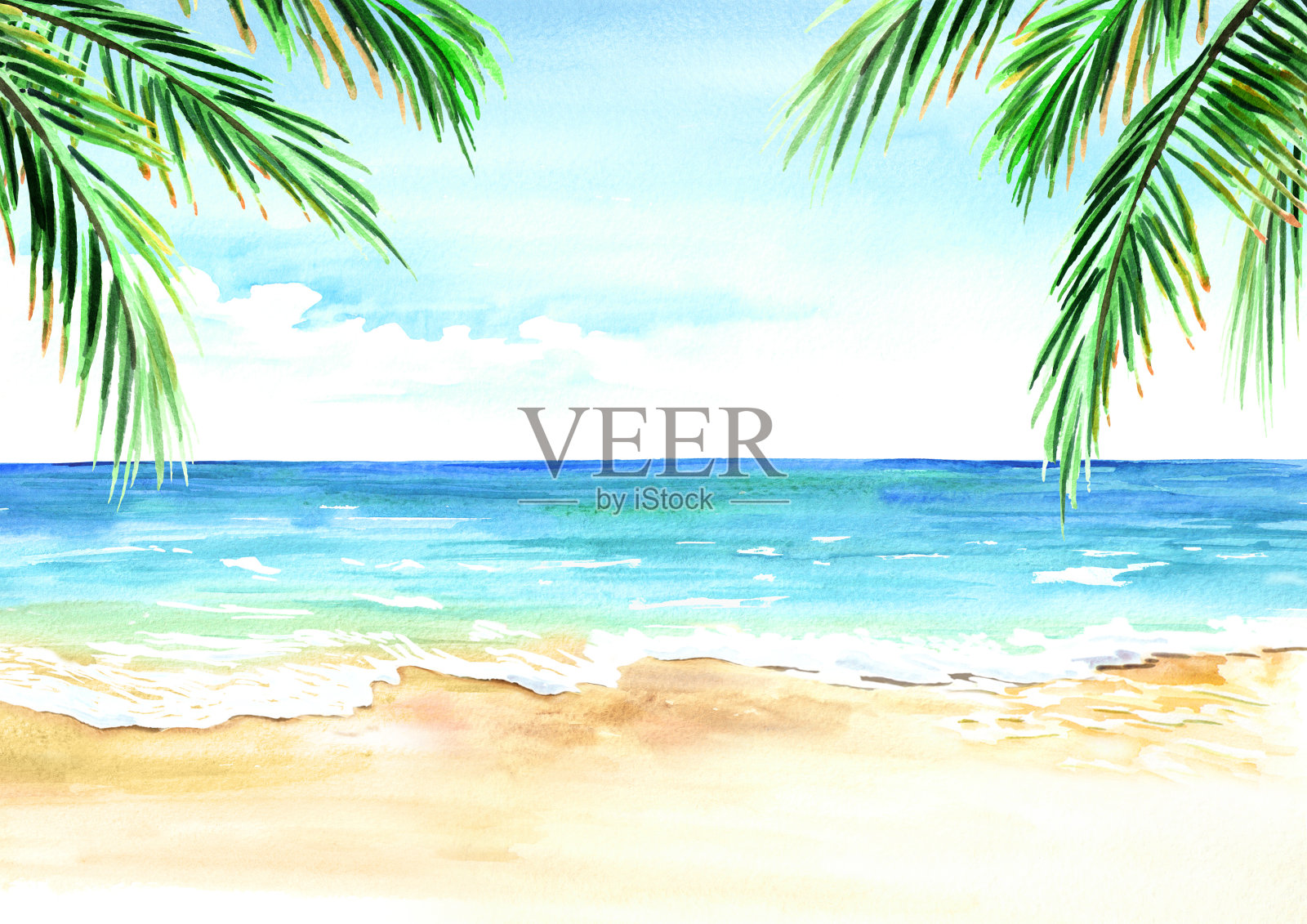 海景。夏日的热带海滩，金色的沙和棕榈枝。手绘水平水彩插图插画图片素材