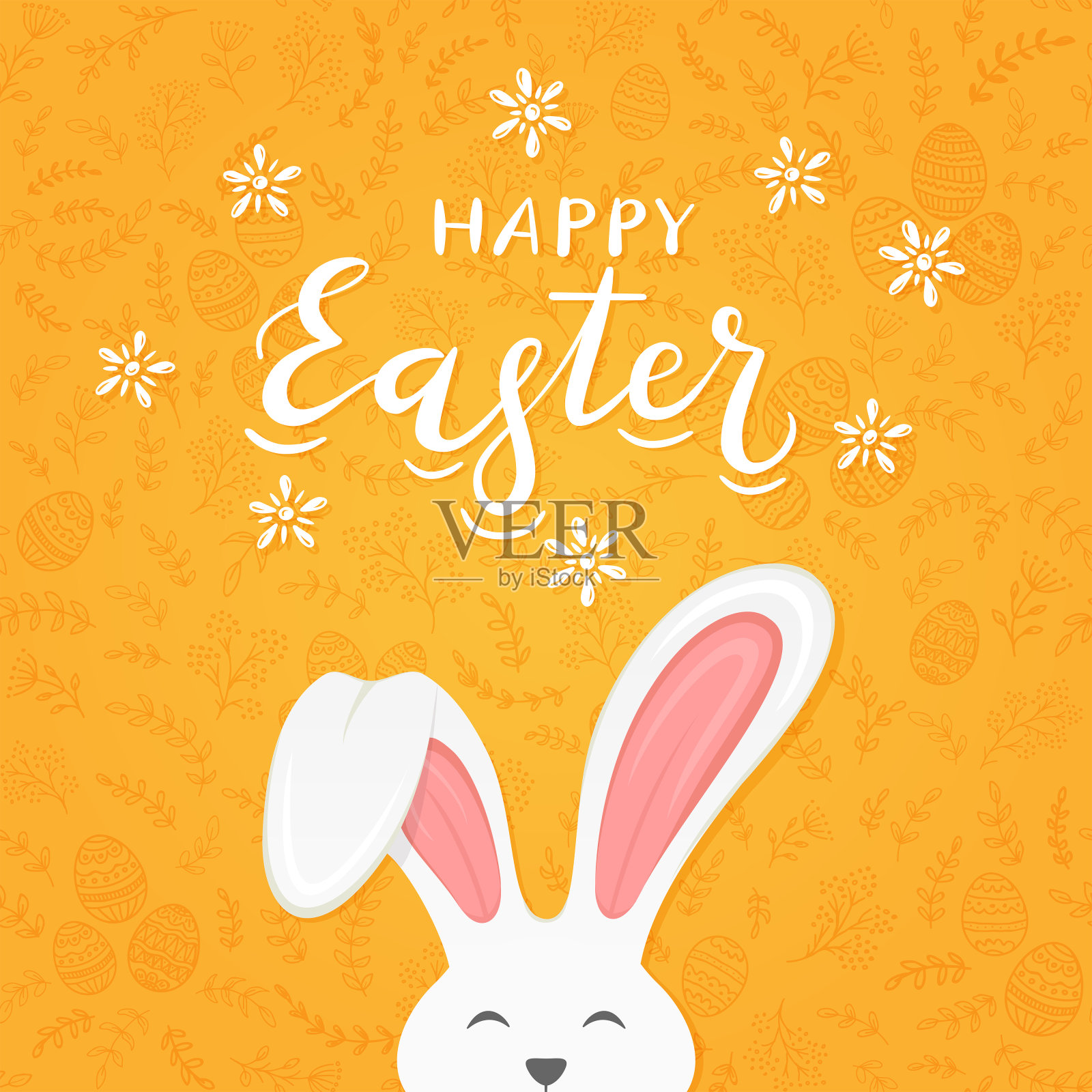 橙色背景与图案和文字复活节快乐兔耳朵插画图片素材