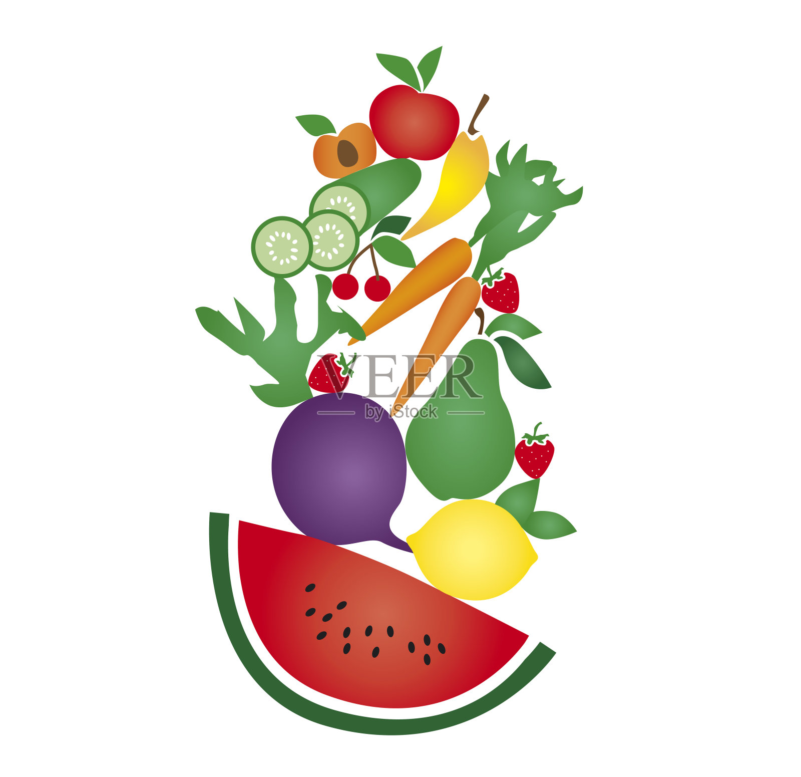 堆在白色背景上的水果和蔬菜插画图片素材