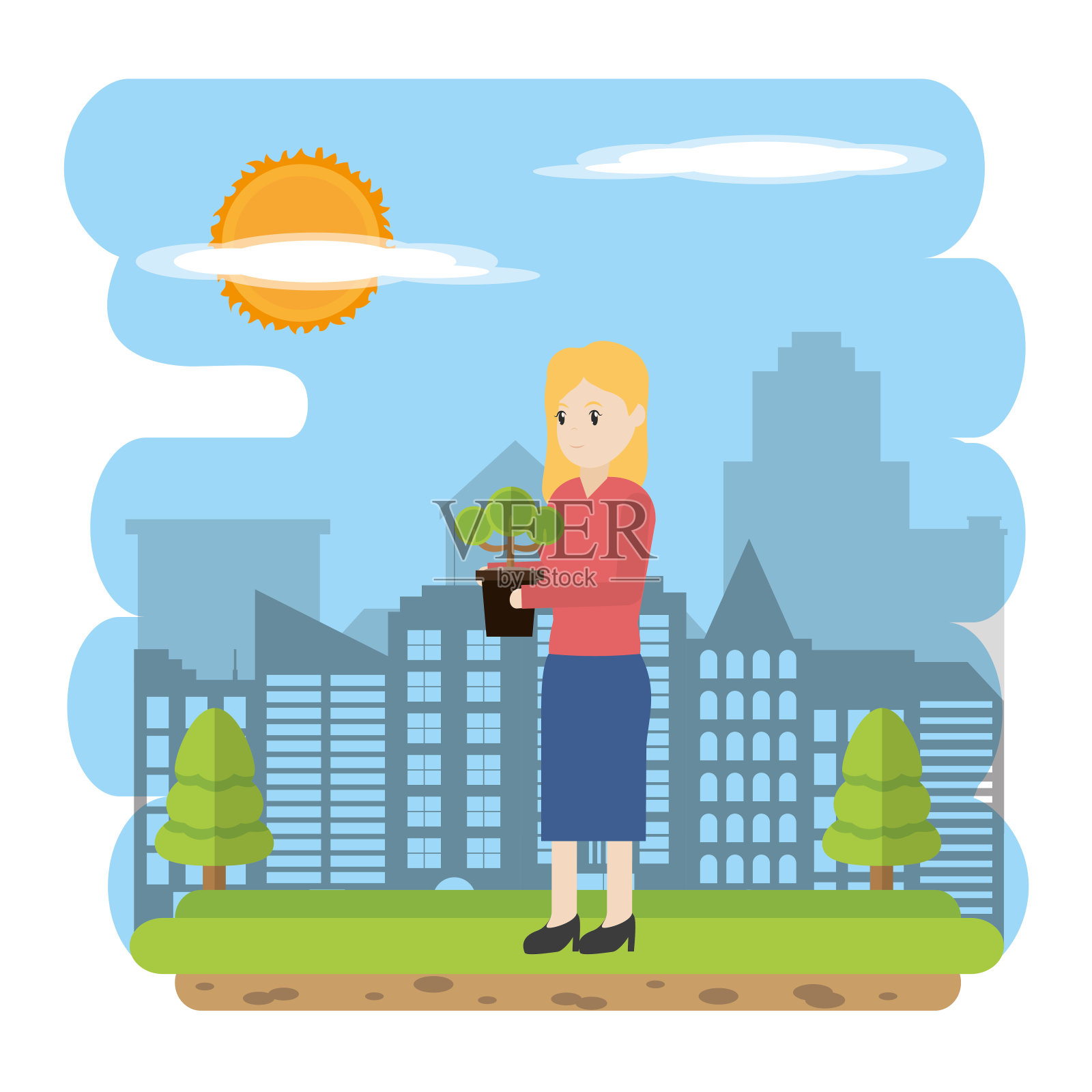 一个女人在城市里装饰一棵树插画图片素材