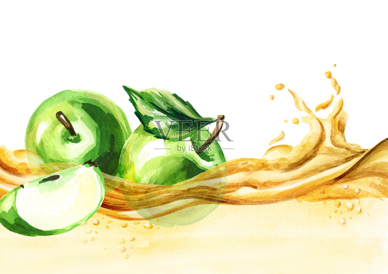 青苹果上一波果汁，水彩手绘插图插画图片素材