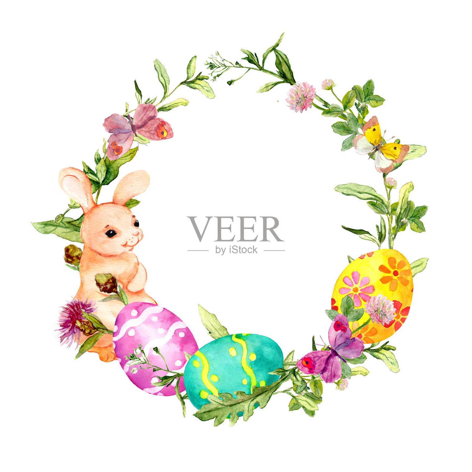 复活节兔子花环，彩色的蛋在草，花。圆边界。水彩插画图片素材