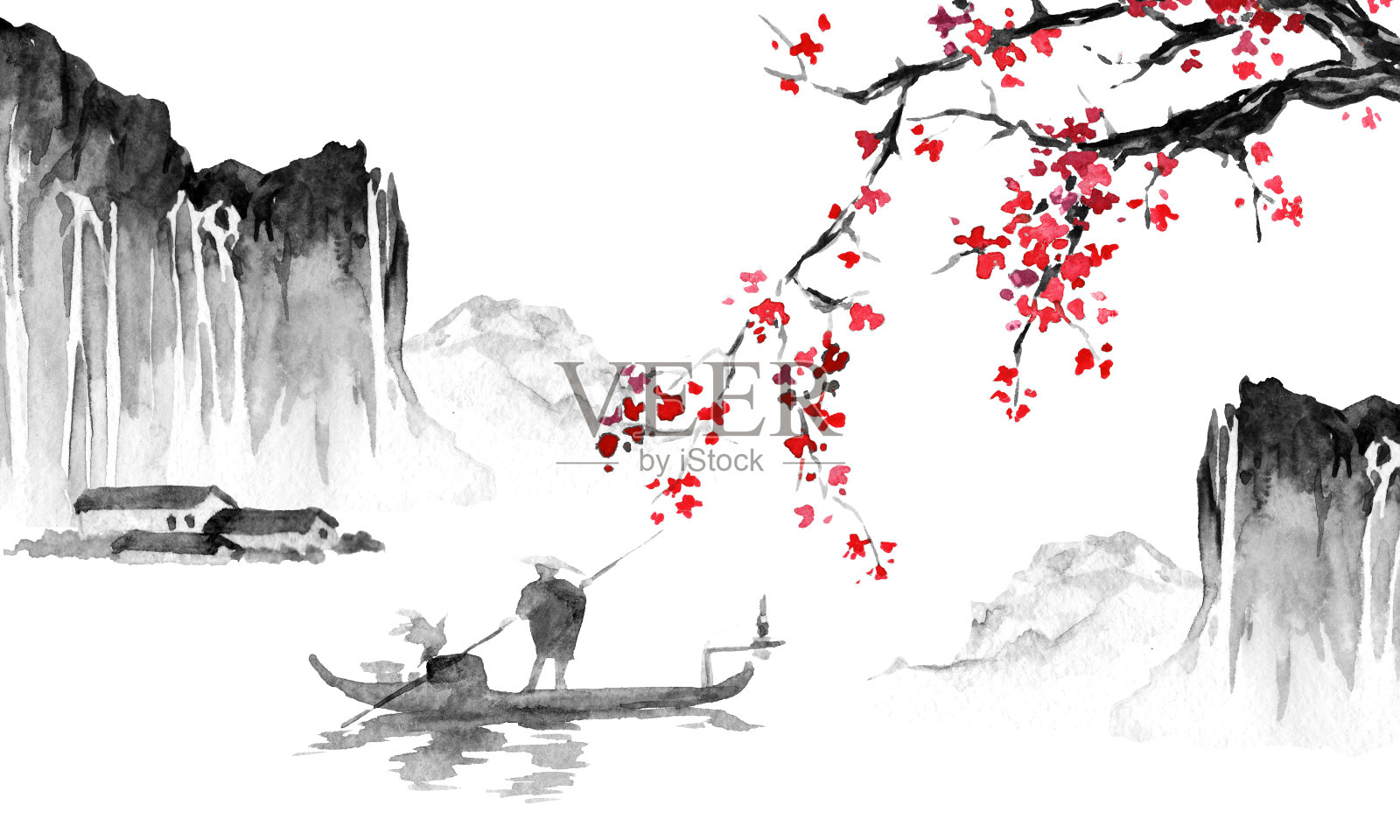 日本传统sumi-e画。墨汁插图。日本的照片。人，船，樱花，山插画图片素材