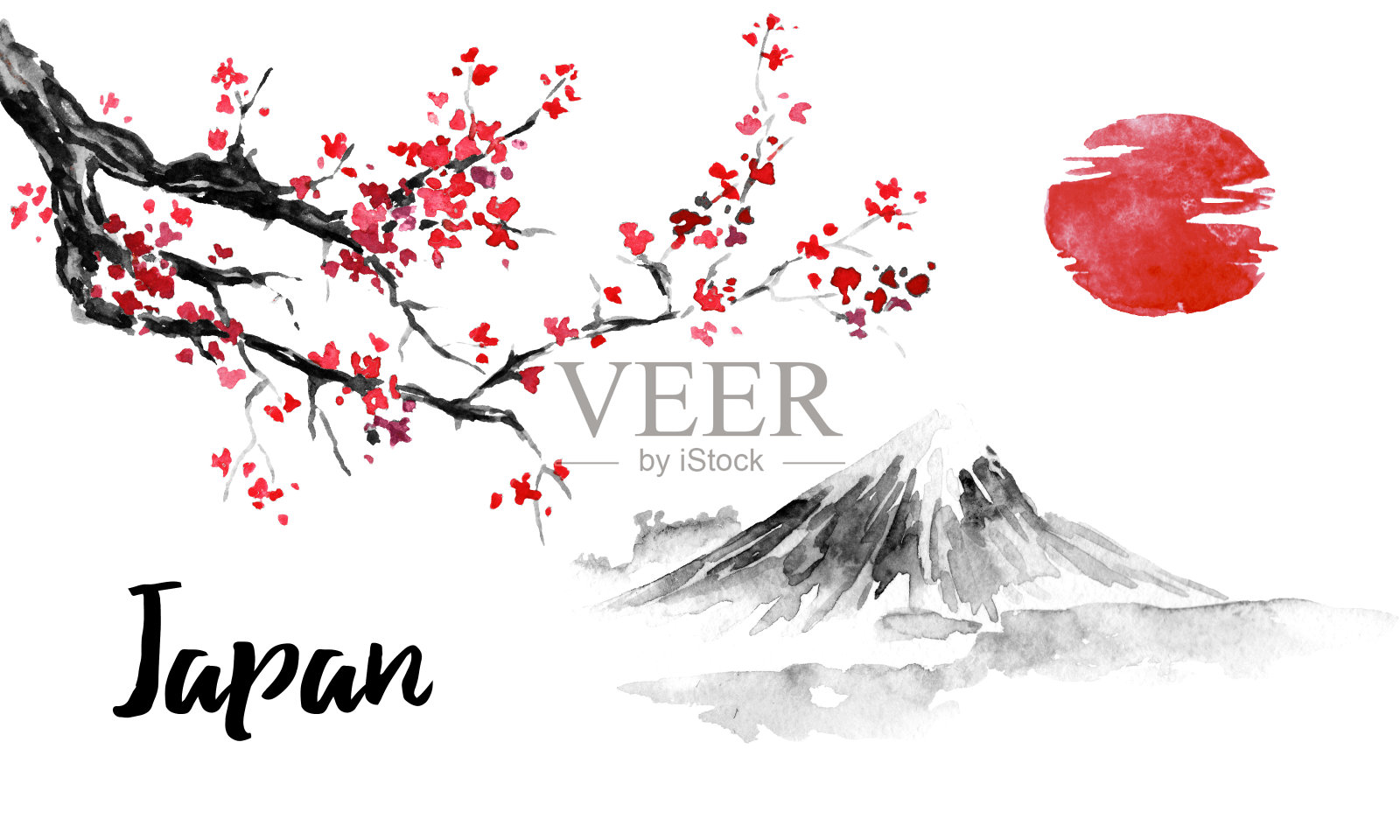 日本传统sumi-e画。樱花,樱花。富士山。墨汁插图。日本的照片。插画图片素材