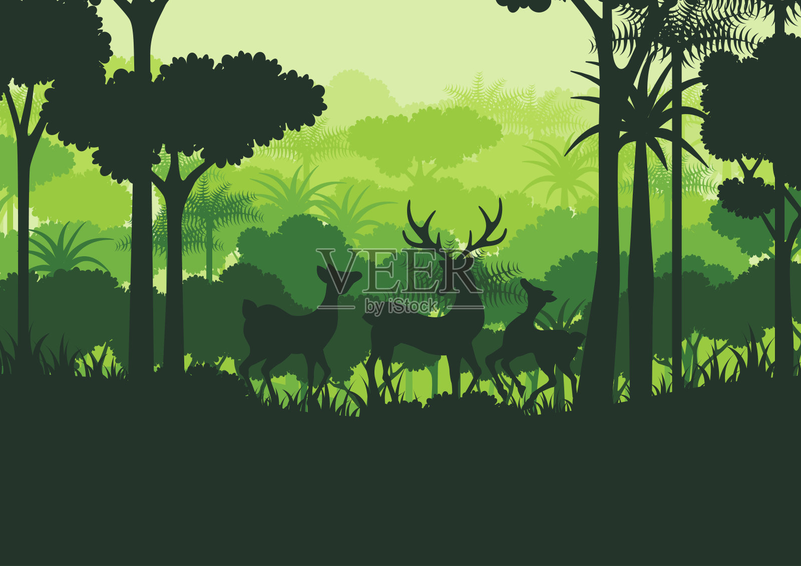 鹿的野生剪影和绿色的自然森林背景插画图片素材