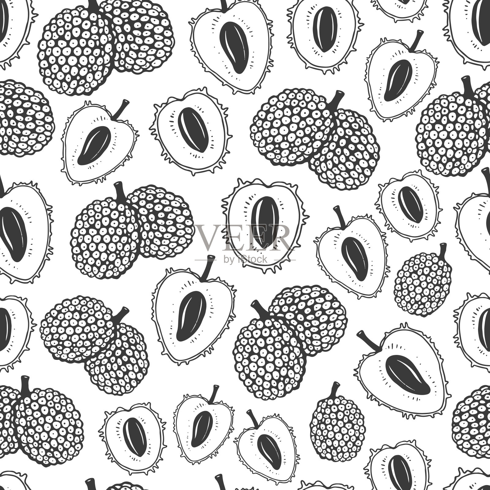 天衣无缝的自然图案与水果素描。黑白矢量背景与荔枝。热带食物插画图片素材