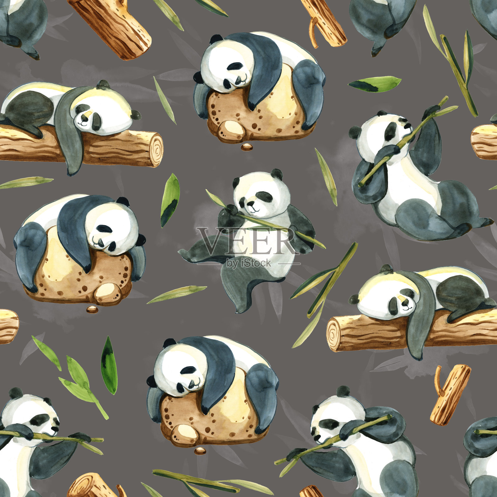 水彩插图上的灰色背景。黑白熊猫、石头、绿色飞溅和树叶无缝图案插画图片素材